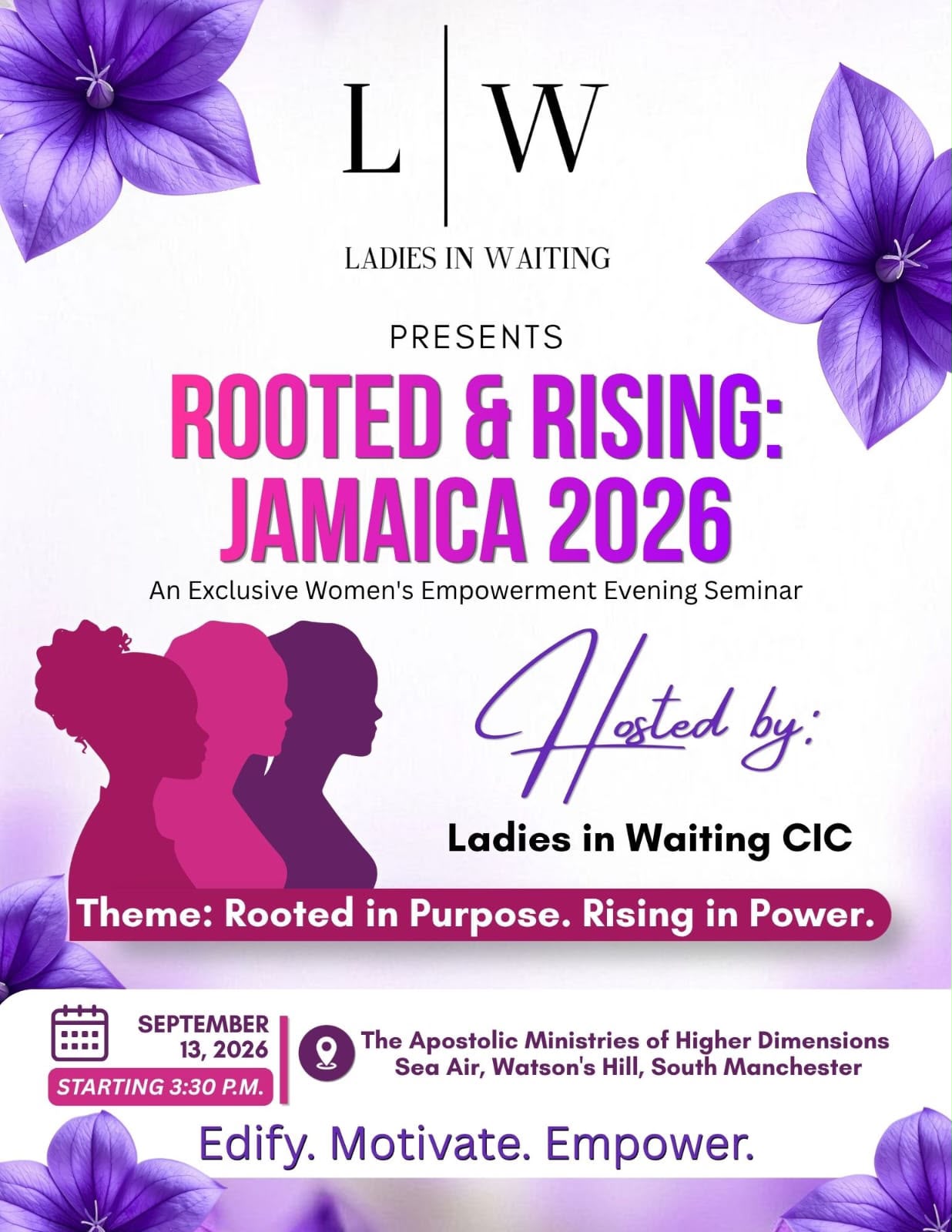 Ladies in Waiting 'Rooted & Rising: Jamaica 2026' women's empowerment evening seminar flyer